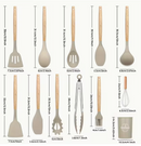 Kit Luxo 12 Peças de Utensílios de Cozinha: Silicone Premium (Livre de BPA) com Cabo de Madeira Ergonômico (A Solução Elegante Contra o Arranhão na Panela)
