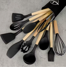Kit Luxo 12 Peças de Utensílios de Cozinha: Silicone Premium (Livre de BPA) com Cabo de Madeira Ergonômico (A Solução Elegante Contra o Arranhão na Panela)