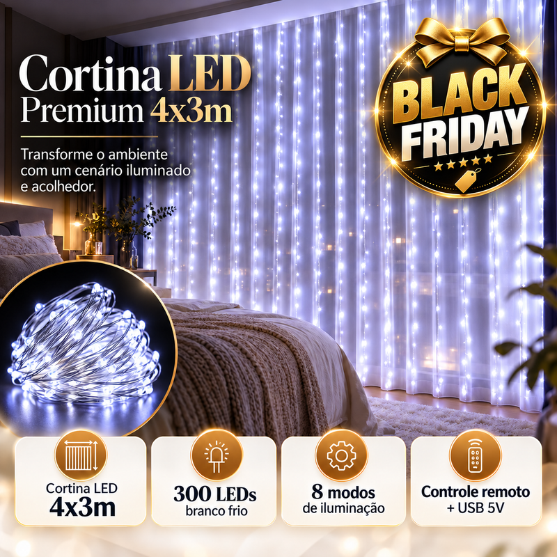 Cortina LED Premium 4x3m – 300 LEDs com Controle Remoto