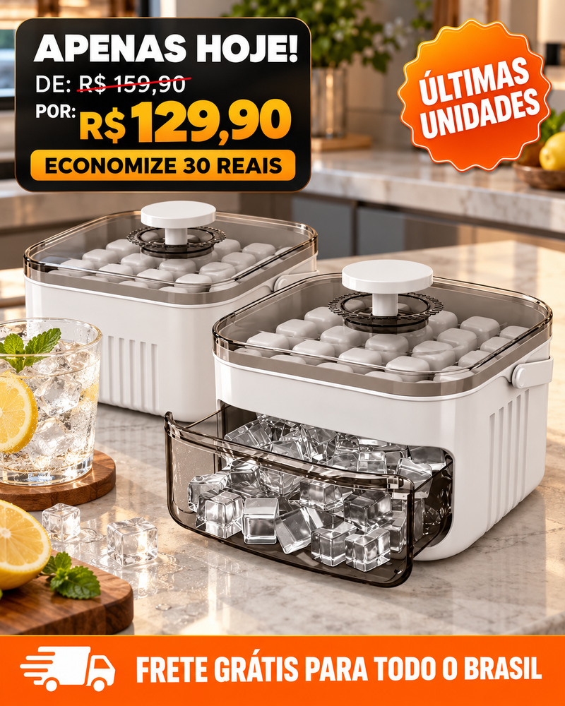 Kit 2 Formas de Gelo Premium – 100 Cubos com Caixa Coletora