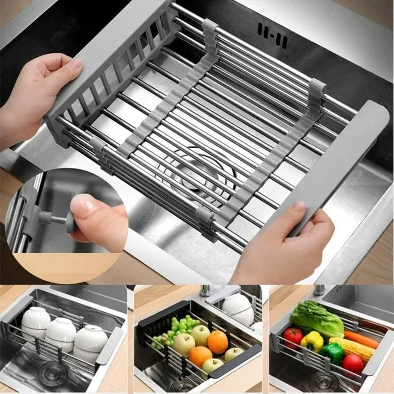 Escorredor de Prato Louça Retrátil Inox Organizador de pia Expansível com regulador Para Cozinha