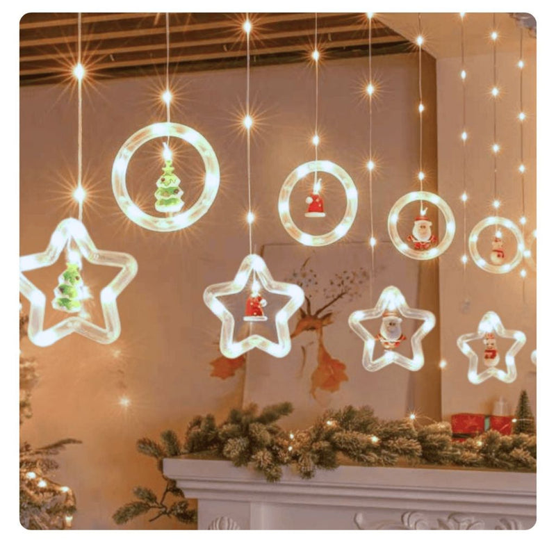 Cortina de Luz LED Decorativa Premium: Pisca-Pisca com Formatos de Presente, Estrela e Árvore (Transformação Mágica para Casa e Eventos)