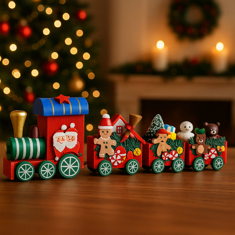 Trenzinho Locomotiva Retrô de Madeira: Enfeite de Natal Decorativo com Papai Noel (Peça Clássica e Durável)