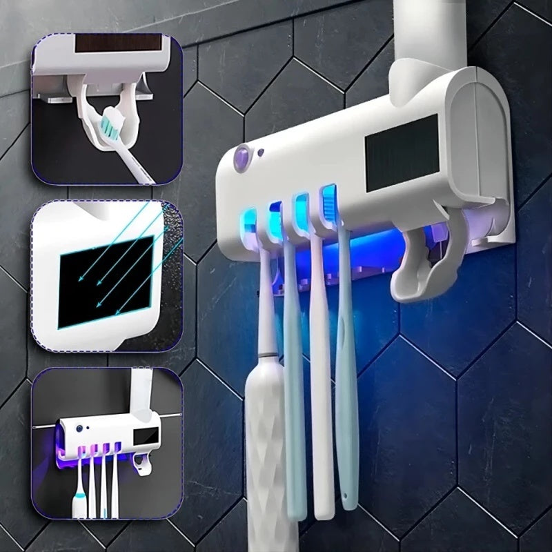 Kit Higiene 3 em 1: Esterilizador UV para Escovas, Dispenser Automático de Pasta e Suporte de Parede (A Revolução Contra os Germes no Banheiro)