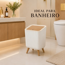 Lixeira Branca De Plástico 9 Litros Com Pés De Bambu Tampa Click De Pressão Cozinha Banheiro