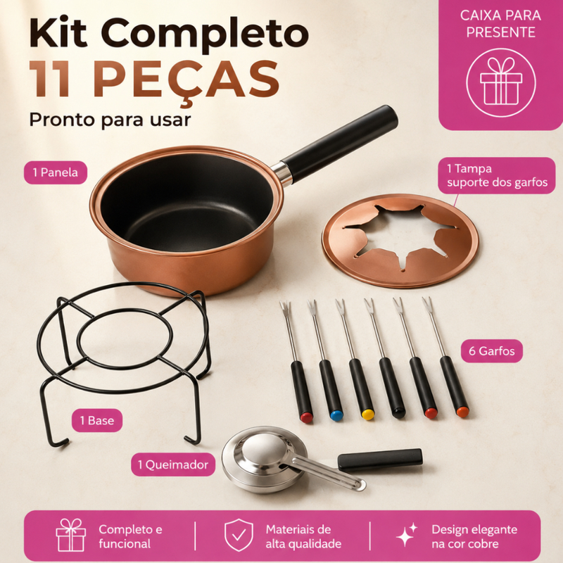 Aparelho de Fondue Em Cobre 11 Peças Completo Com Rechaud Queimador e 6 Garfos Chocolate Queijo Carne
