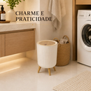 Lixeira Branca De Plástico 9 Litros Com Pés De Bambu Tampa Click De Pressão Cozinha Banheiro