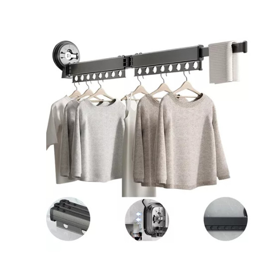 Cabideiro de Roupa Retrátil de Parede Varal Articulado Ventosa Suporte Retrátil 92cm Rotação 360