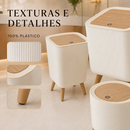 Lixeira Branca De Plástico 9 Litros Com Pés De Bambu Tampa Click De Pressão Cozinha Banheiro