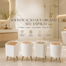 Lixeira Branca De Plástico 9 Litros Com Pés De Bambu Tampa Click De Pressão Cozinha Banheiro