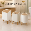 Lixeira Branca De Plástico 9 Litros Com Pés De Bambu Tampa Click De Pressão Cozinha Banheiro