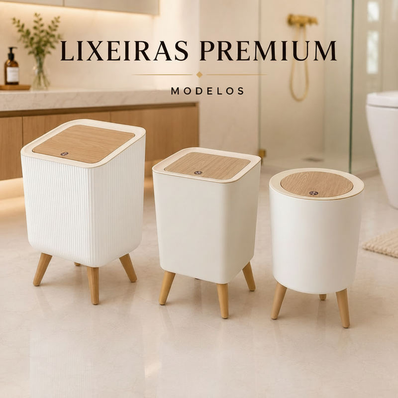 Lixeira Branca De Plástico 9 Litros Com Pés De Bambu Tampa Click De Pressão Cozinha Banheiro