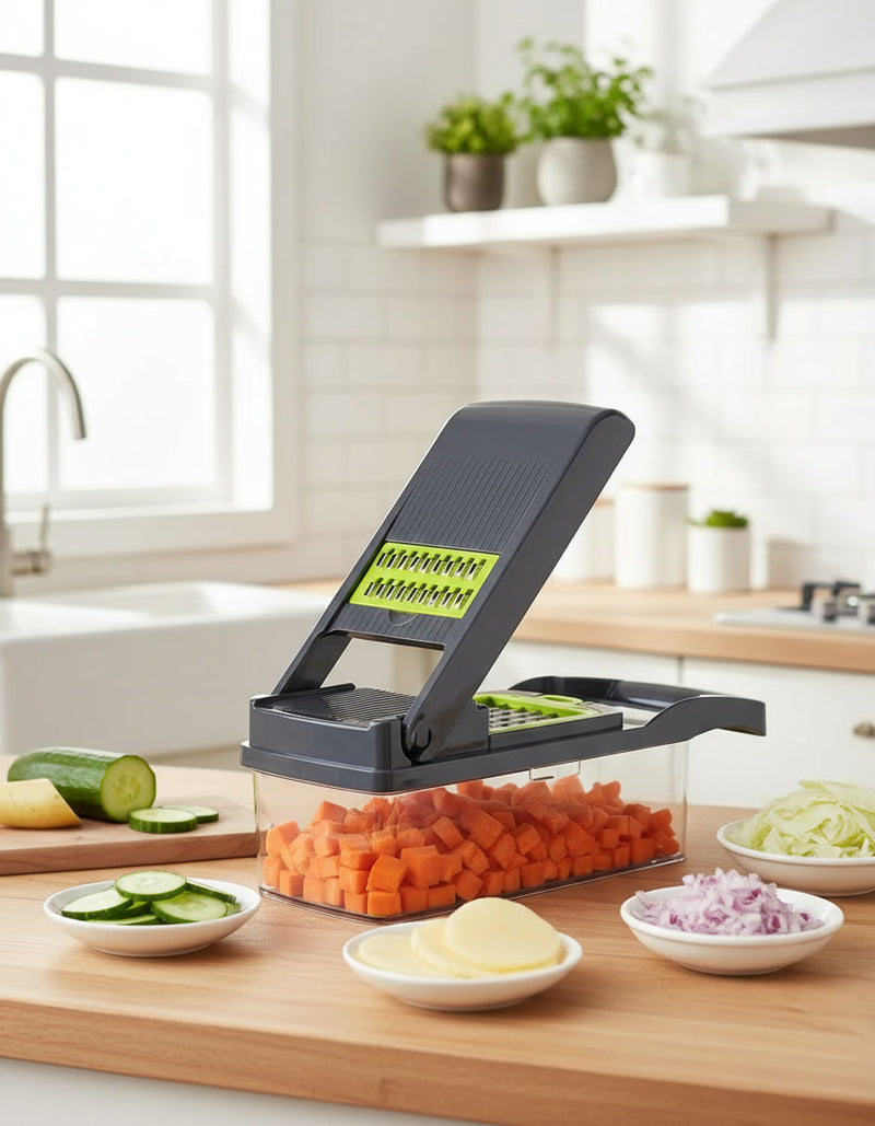 Fatiador de Cozinha Profissional Multifuncional Inox 16-em-1: Corte, Pique e Rale Legumes e Frutas em Segundos (O Fim do Caos na Bancada)