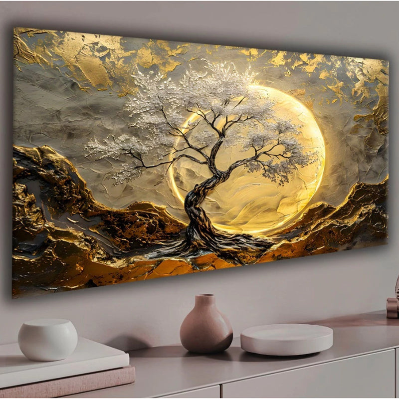 Quadro Decorativo Gigante 110x80cm Árvore e Lua: A Obra Abstrata que Comanda o Ambiente e Transforma sua Sala em um Refúgio de Luxo e Serenidade